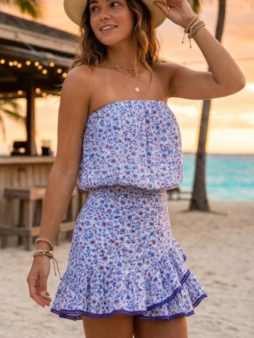 Poupette St Barth Ambra Floral Mini Dress Strapless Boho Resort M